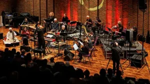 A high view of a group of people performing on a stage