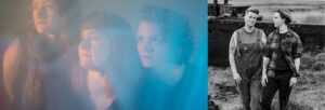 Left hand image shows three women in soft focus. Right hand image shows two woman stood side by side outdoors in the grass in front of a wall. The image is in black and white.