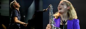 The left image shows a man playing the piano. The right image shows a woman wearing a purple jacket, holding a saxophone and laughing