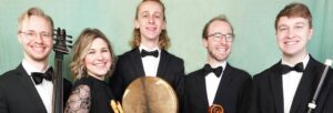 Five young people in black tie with early music instruments