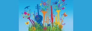 colourful drawings of musical instruments amongst flowers and butterflies against a blue background