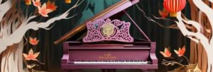 A purple baby grand piano on a stage with orange Chinese paper lanterns