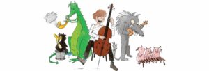 An illustration of a bird, a dragon, a woman, a wolf and three pigs playing instruments together